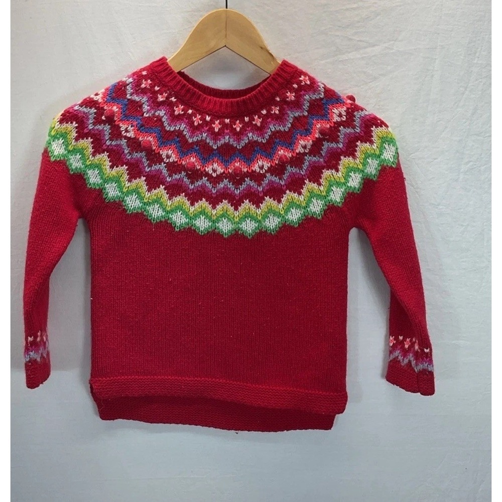 Boden Fair Isle Christmas Pom Pom Sweater Tunic Size 6-7 Years Girls Red Holiday